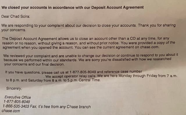 Chase Executive Office letter citing the Deposit Account Agreement after the Ultimate Rewards disclosure became public.