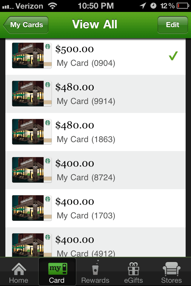 Алдааны тайланд зориулан давхардсан үлдэгдэлтэйг харуулж буй Starbucks‑ийн iOS апп‑ын дэлгэцийн зураг.